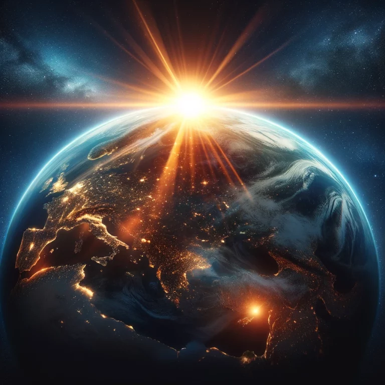 dall·e 2024 03 12 16.31.49 a breathtaking view of earth from space, with a 4 3 aspect ratio, showcasing the planet in all its glory. the earth is illuminated by the sun peeking