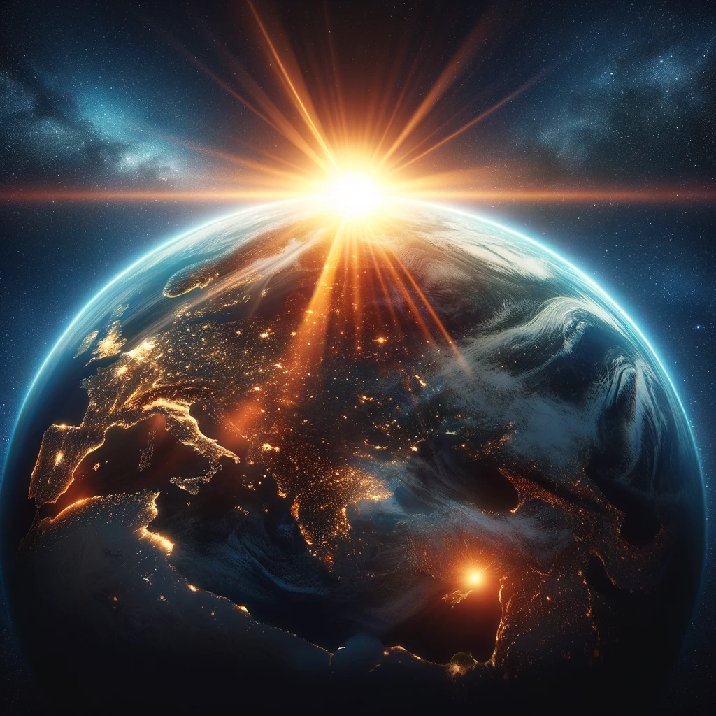 dall·e 2024 03 12 16.31.49 a breathtaking view of earth from space, with a 4 3 aspect ratio, showcasing the planet in all its glory. the earth is illuminated by the sun peeking
