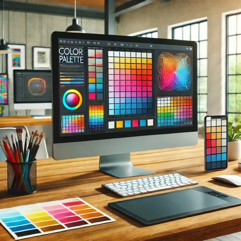 dall·e 2025 02 19 11.24.36 a modern workspace featuring a sleek computer screen displaying a vibrant color palette generator. around the desk, there are color swatches, a digita