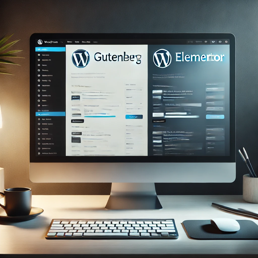 dall·e 2025 02 19 11.50.31 a modern workspace featuring a sleek computer screen displaying a wordpress website editor. the screen shows a split comparison between gutenberg on t